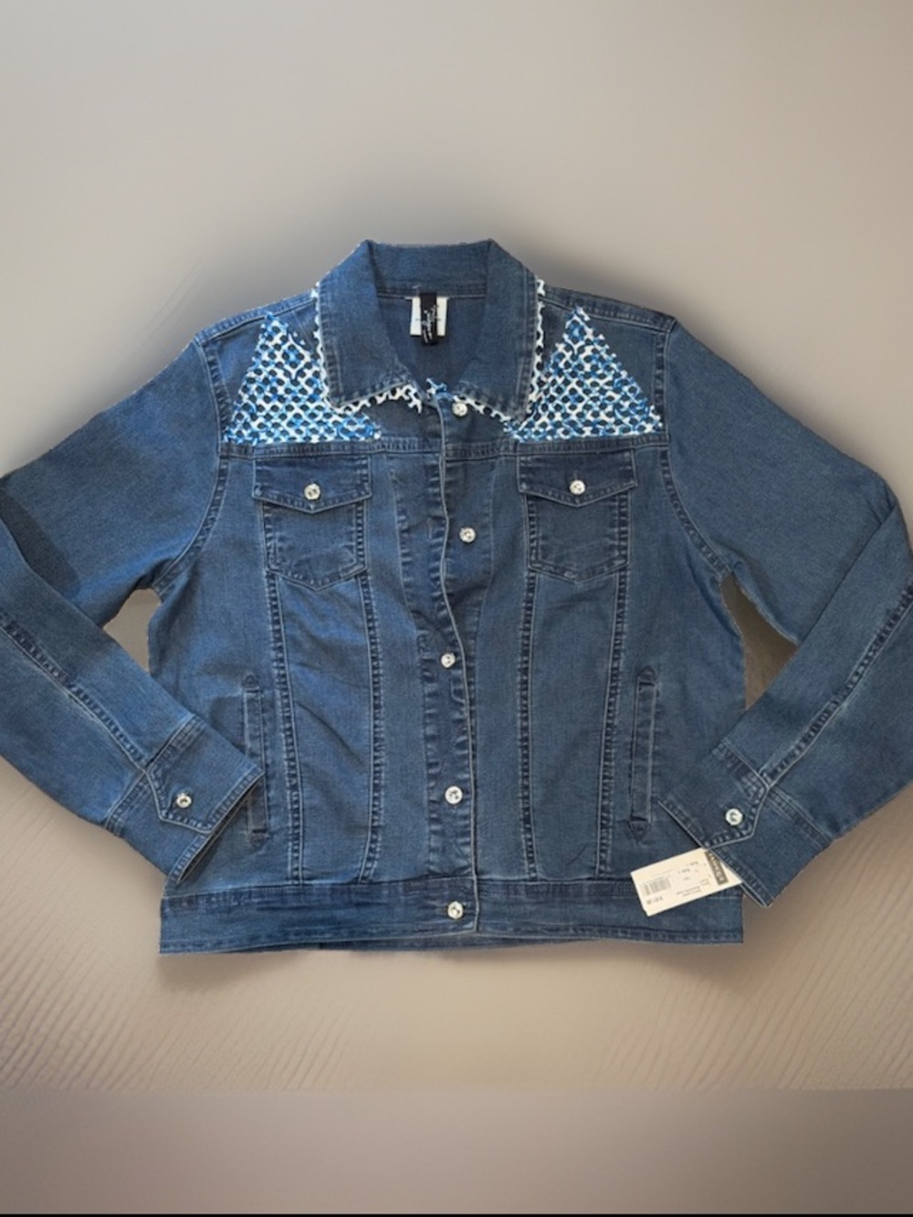 NWT Fashque Mixed Media Denim Jacket Small Embellished Blue White Lattice Yoke